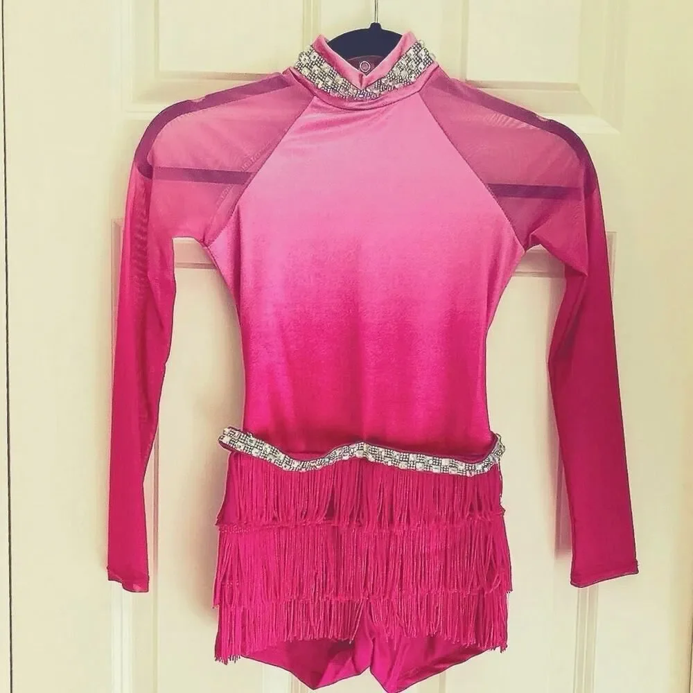 Weissman Pink Velvet Rhinestone Fringe Jazz Dance Costume Girls Medium Child - Picture 6 of 11